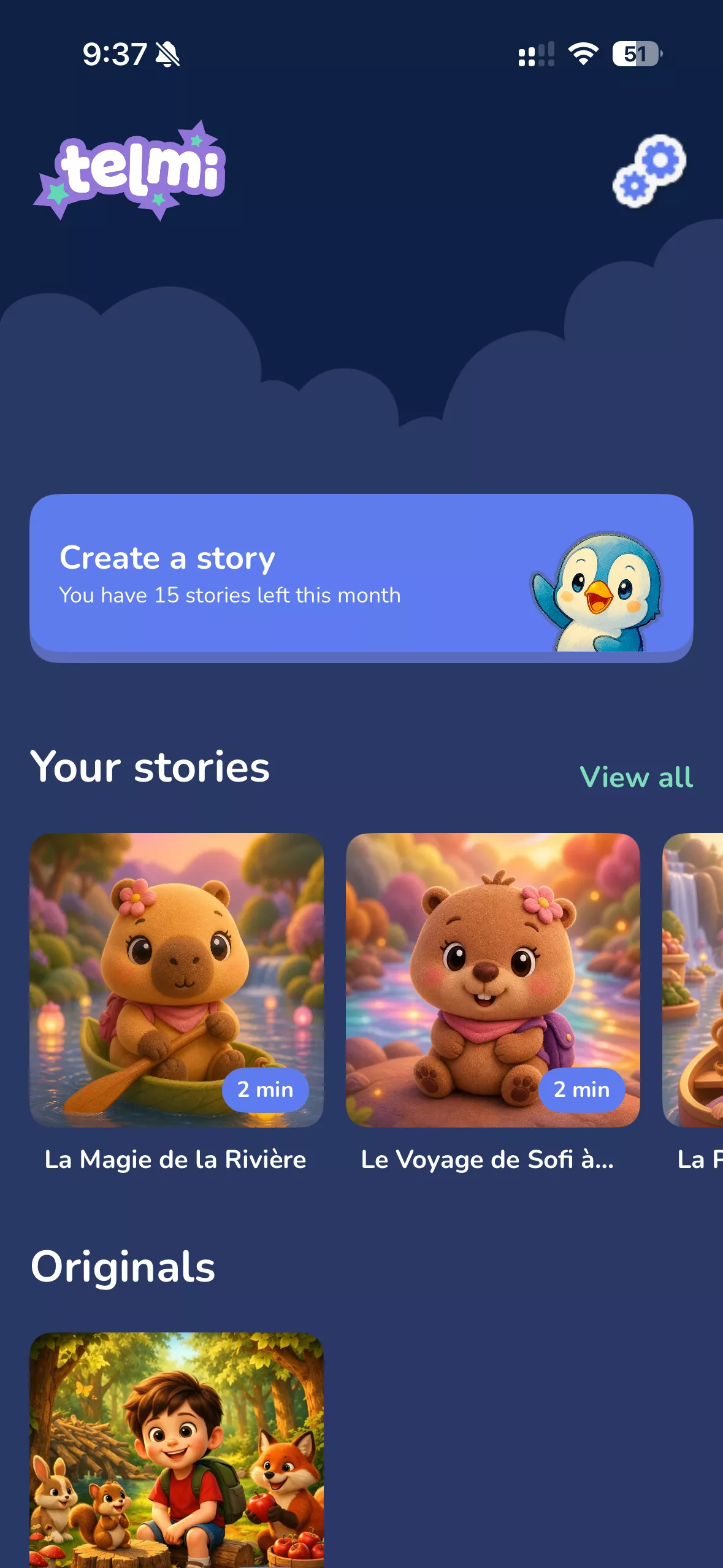 Telmi home screen with library and story creation options